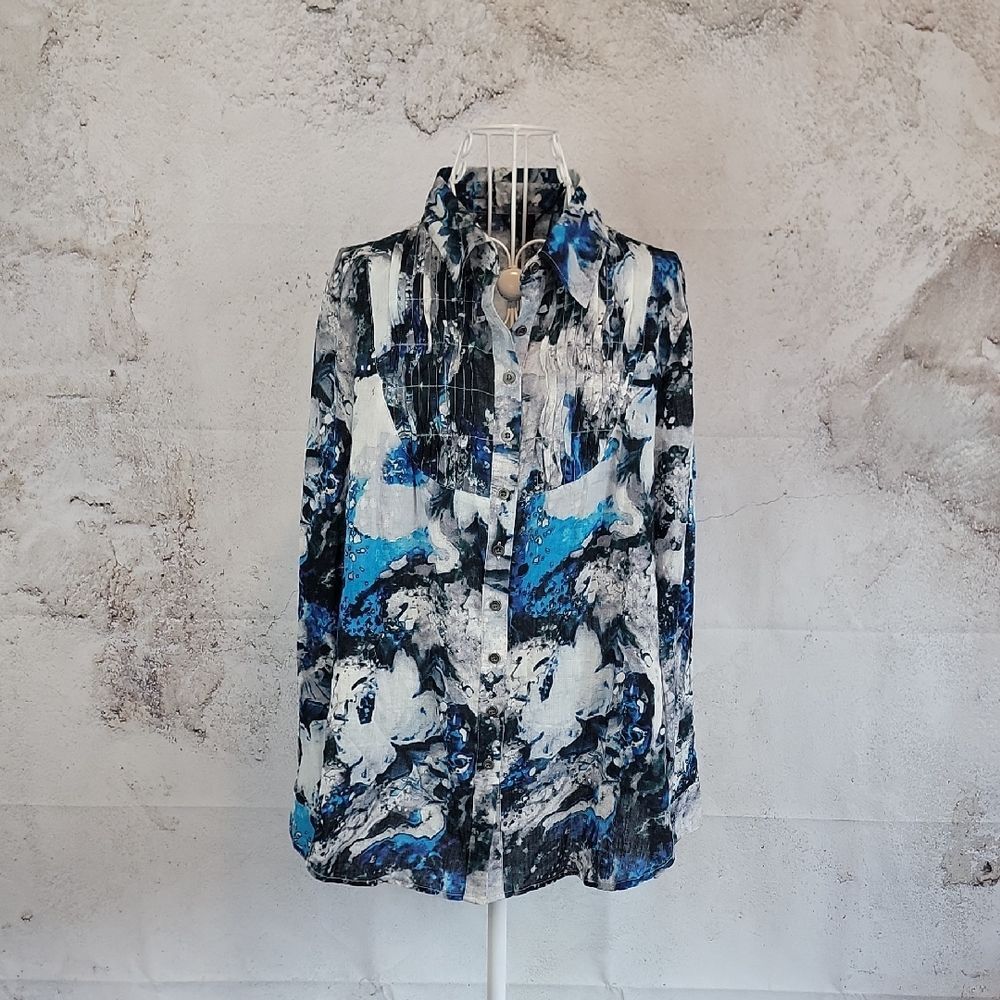 Ethyl Abstract Blue and Black Button-Up Shirt Womens Size L NWT